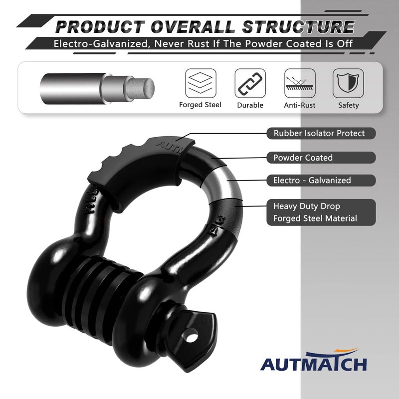AUTMATCH D Ring Shackle 3/4"" Shackles (2 Pack) 41 887Ibs Break Strength  Clevis Shackle with 7/8"" Screw Pin and Shackle Isolator Washers Kit for Tow Strap Winch Off Road Vehicle Recovery  Black - Image 4